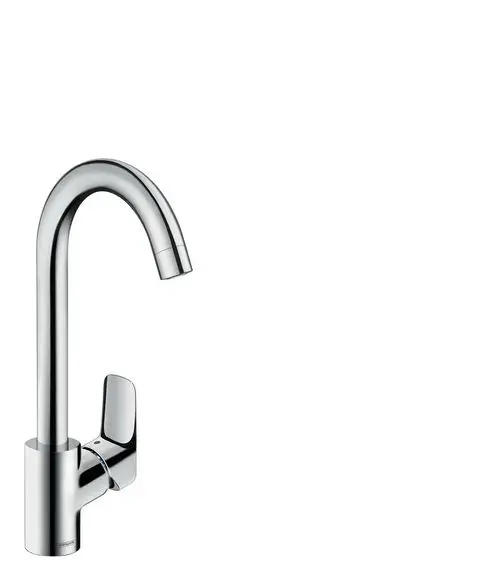 Küchenmischer in Chrom von Hansgrohe mit hohem, geschwungenem Auslauf und seitlichem Bedienhebel zur Regulierung der Wasserzufuhr.